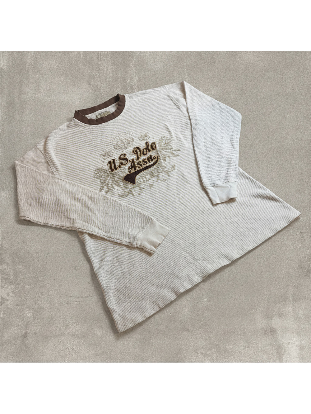 Vintage US Polo Assn Mens L Thermal Long Sleeve Shirt White Brown Graphic Y2K